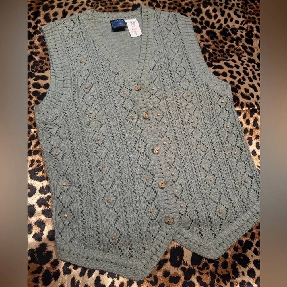 Jantzen Sage Green Knit Button-Up Vest - Picture 2 of 6